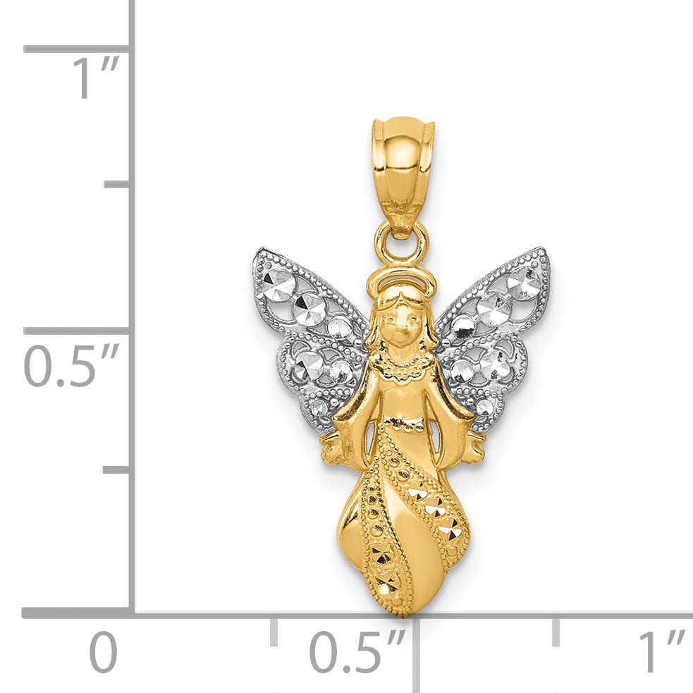 14K Yellow Gold White Rhodium Polished Finish Concave Angel Pendant