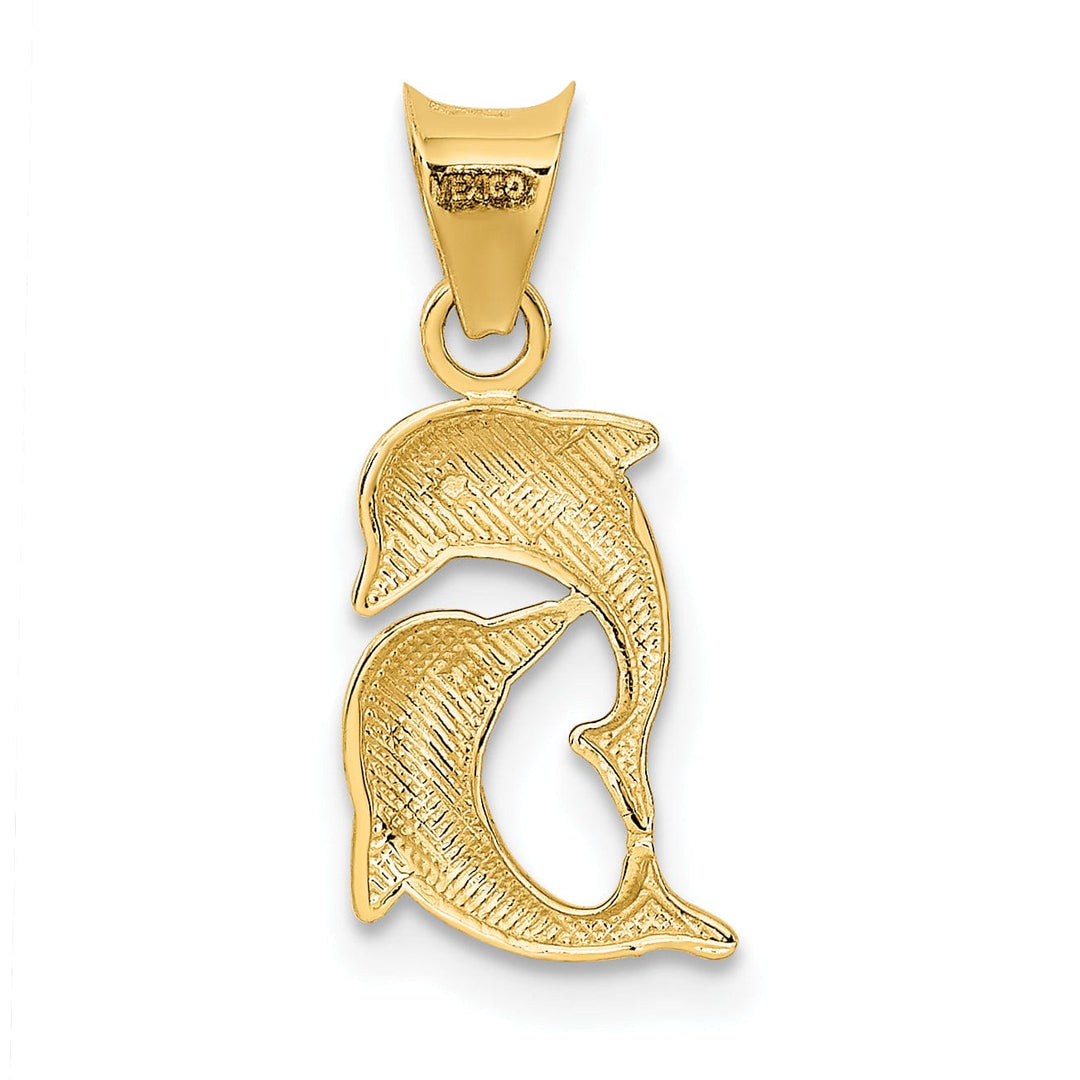 14K Yellow Gold White Rhodium Polished Finish Two Dolphins Swimming Together Design Charm Pendant