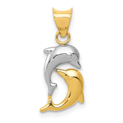 14K Yellow Gold White Rhodium Polished Finish Two Dolphins Swimming Together Design Charm Pendant at $ 59.19 only from Jewelryshopping.com