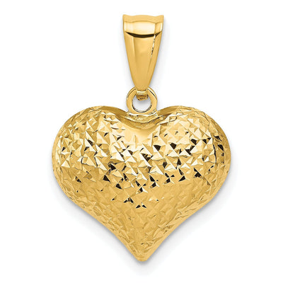 14K Yellow Gold Semi-Solid Diamond Cut Polished, Textured Finish 3-Dimensional Puff Heart Shape Design Charm Pendant