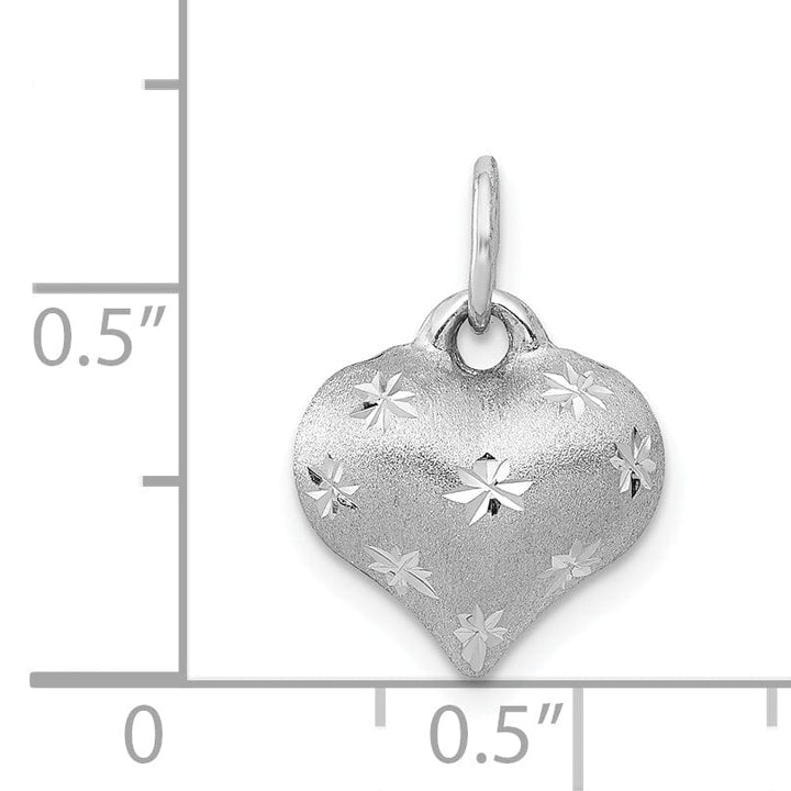 14k White Gold Satin Diamond Cut Finish 3-Dimensional Puffed Heart Shape Design Charm Pendant