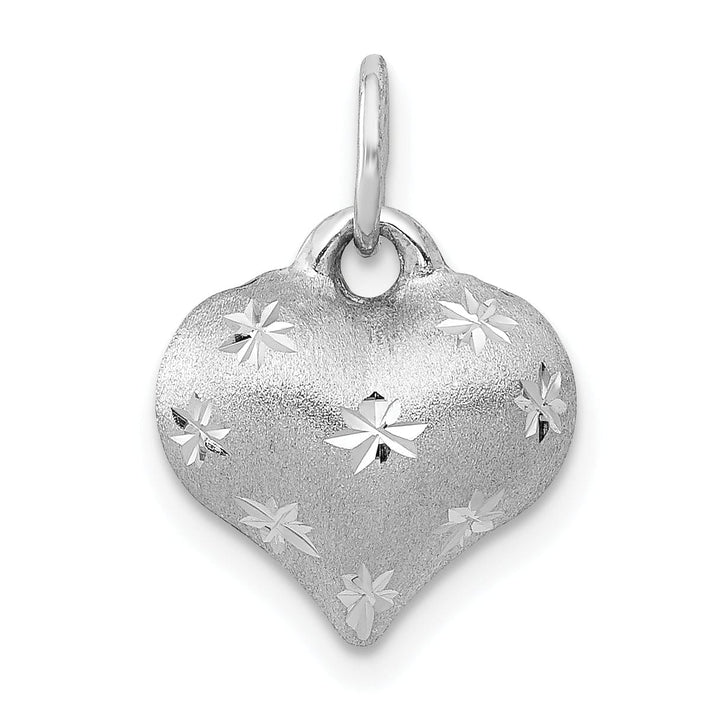 14k White Gold Satin Diamond Cut Finish 3-Dimensional Puffed Heart Shape Design Charm Pendant