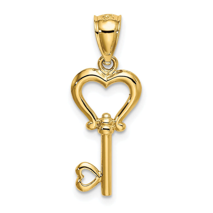 14k Yellow Gold Polished Finish Solid 3-D Heart Design Key Charm Pendant