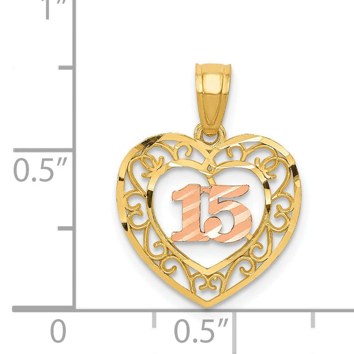 14k Two Tone Gold 15 Anos in Heart Pendant