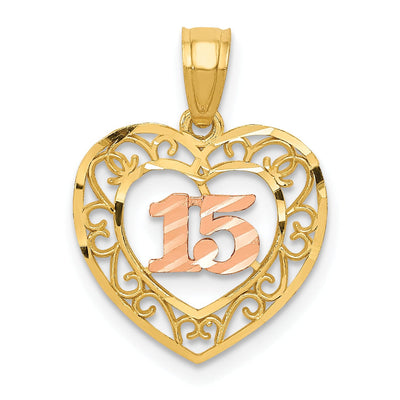 14k Two Tone Gold 15 Anos in Heart Pendant
