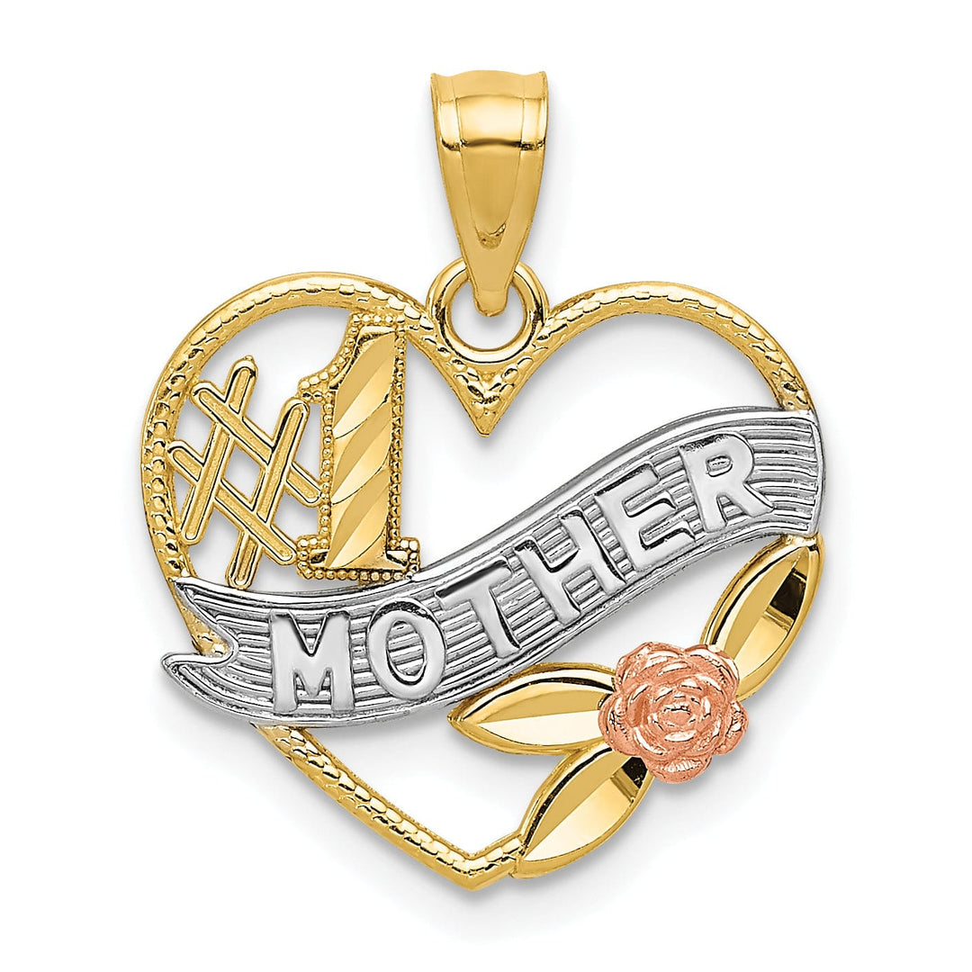 14k Yellow Rose Gold Rhodium D.C Polished Finish #1 Mother in Heart with Rose Design Pendant