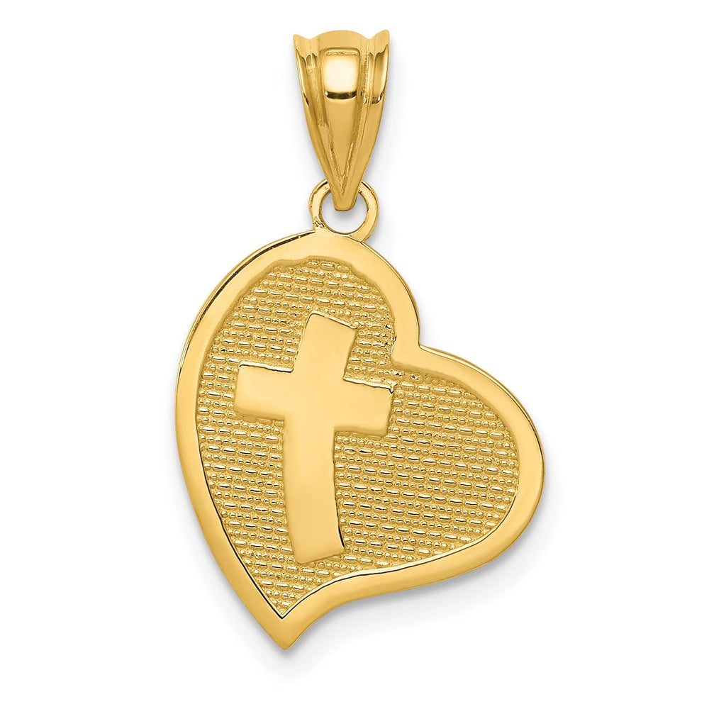 14k Yellow Gold Polished Finish Mom I Love You with Cross on Reversible Side Heart Shape Pendant