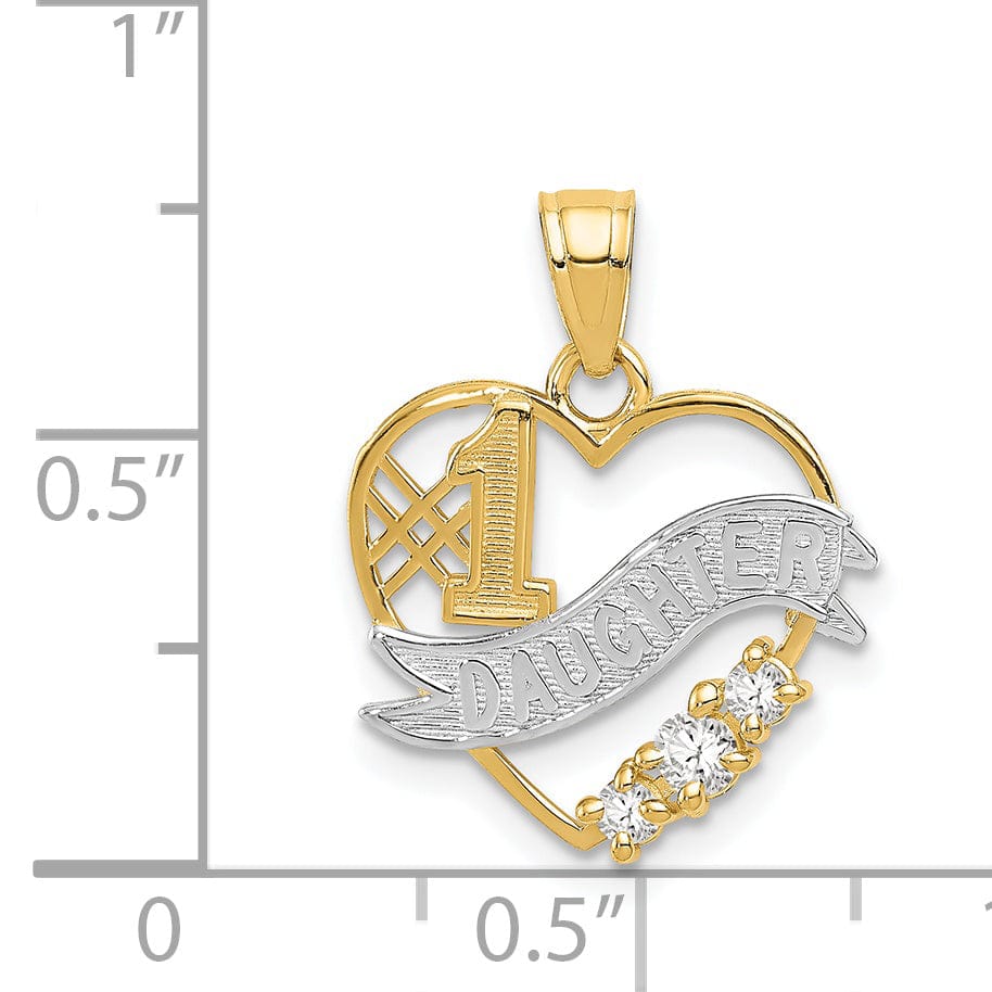 14k Yellow Gold, White Rhodium Solid Polished Finish #1 DAUGHTER Heart Shape with 3-Cubic Zirconia Stones Design Charm Pendant