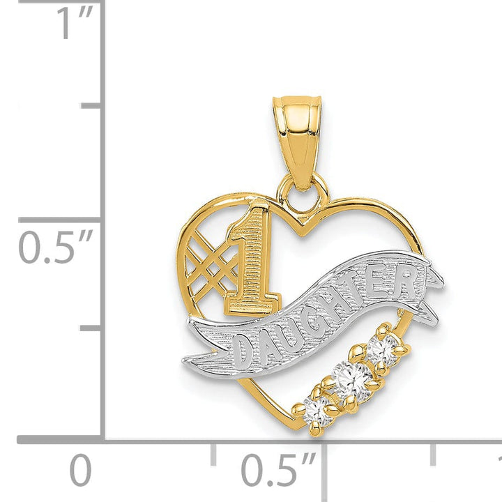 14k Yellow Gold, White Rhodium Solid Polished Finish #1 DAUGHTER Heart Shape with 3-Cubic Zirconia Stones Design Charm Pendant