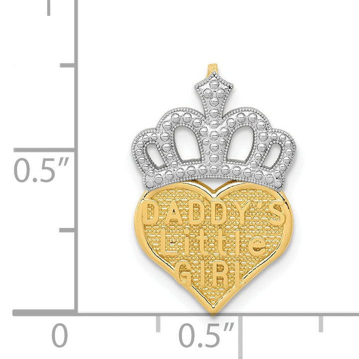 14k Yellow Gold, White Rhodium Polished Beaded Textured Finish Daddy's Little Girl Heart Shape with Crown Design Chain Slide Pendant
