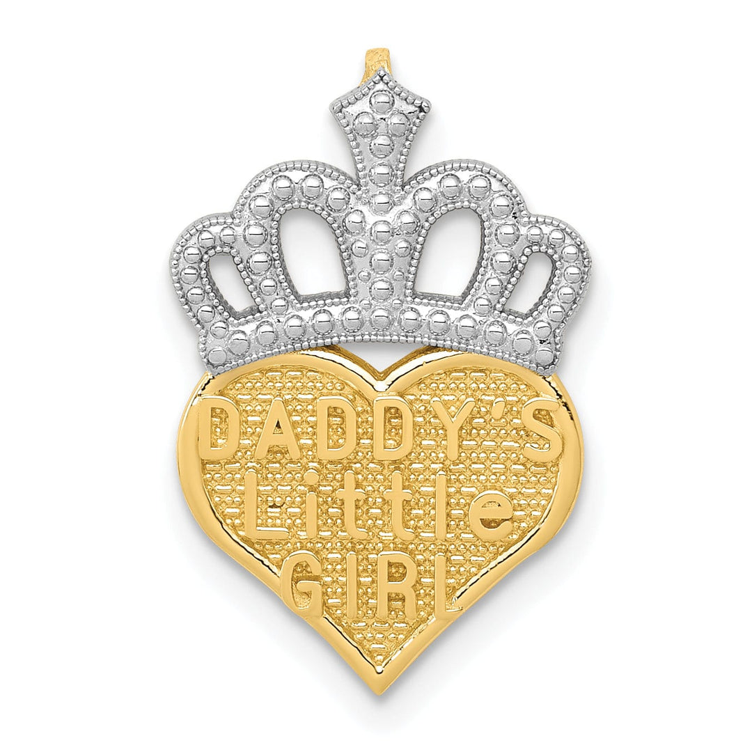 14k Yellow Gold, White Rhodium Polished Beaded Textured Finish Daddy's Little Girl Heart Shape with Crown Design Chain Slide Pendant