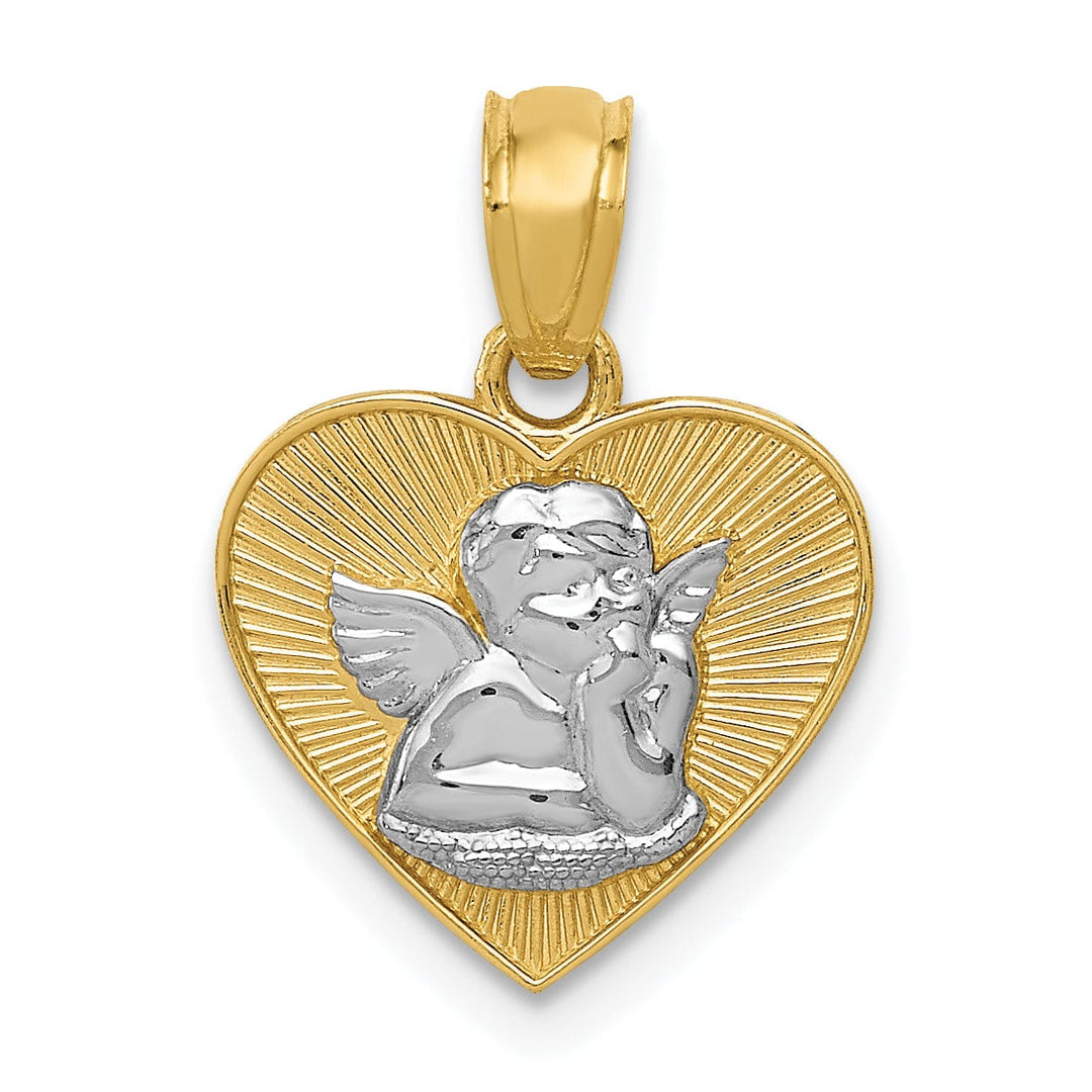 14k Yellow Gold Rhodium Polished Finish Guardian Angel Heart Pendant