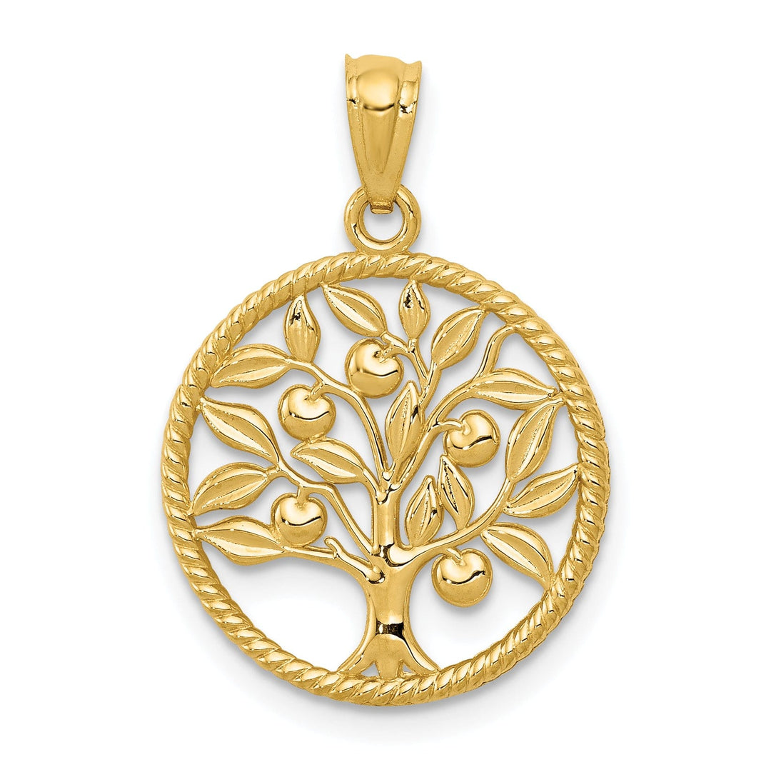 14k Yellow Gold Solid Open Back Textured Polished Finish Tree Of Life in Round Shape Design Pendant