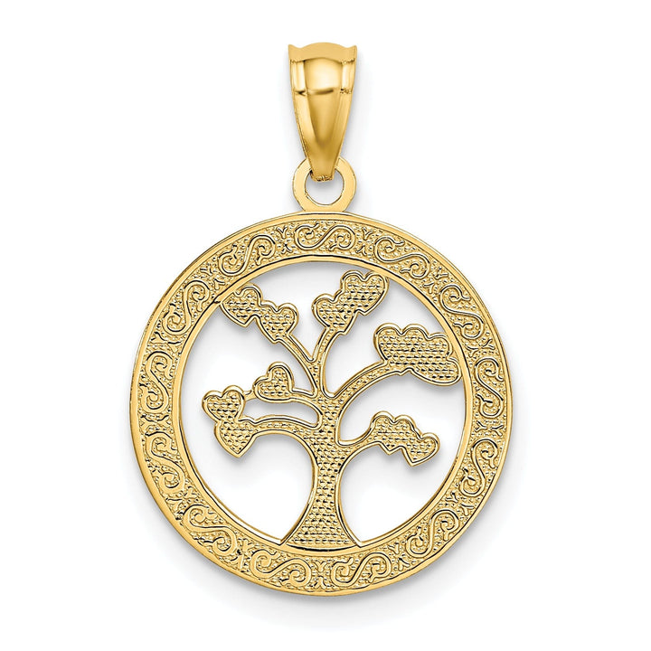 14k Yellow Gold Solid Textured Polished Finish ONE FAMILY MANY HEARTS Tree of Life Charm Pendant