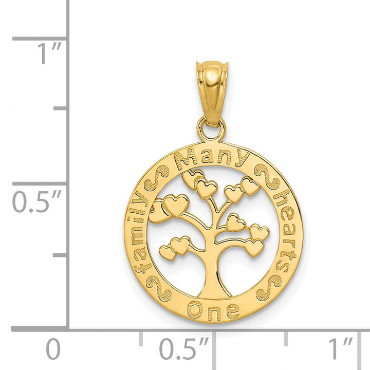 14k Yellow Gold Solid Textured Polished Finish ONE FAMILY MANY HEARTS Tree of Life Charm Pendant