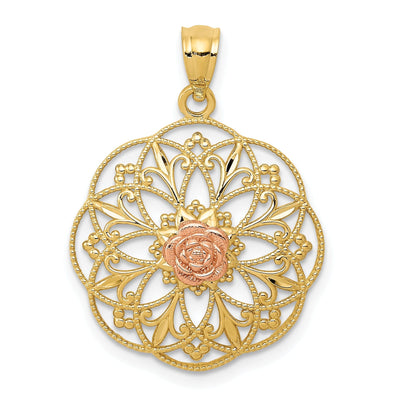 14k Yellow Rose Gold Rose in Filigree Pendant at $ 100.08 only from Jewelryshopping.com