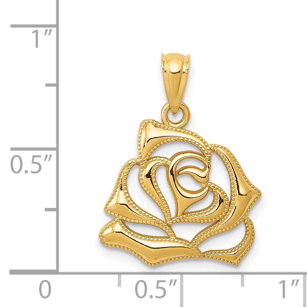 14k Yellow Gold Solid Casted Open Back Polished Finish Open Rose Charm Pendant