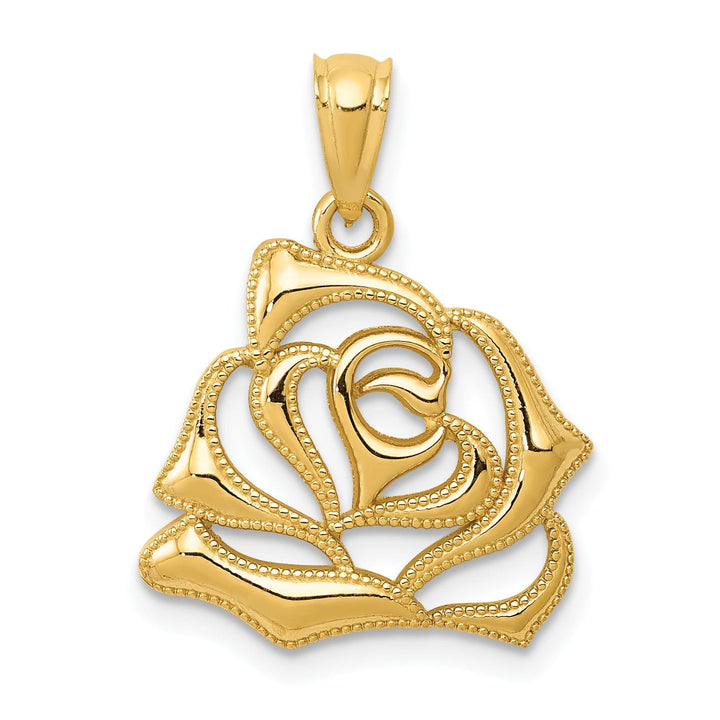 14k Yellow Gold Solid Casted Open Back Polished Finish Open Rose Charm Pendant