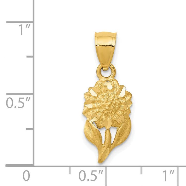 14k Yellow Gold Satin Brushed Finish Casted Open Back Solid Diamond-cut Sunflower Charm Pendant