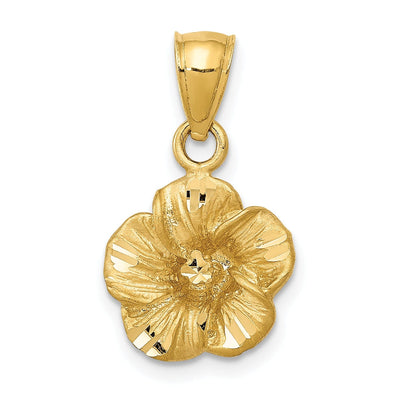 14k Yellow Gold Satin Diamond-cut Solid Casted Textured Back Brushed Finish Hibiscus Charm Pendant