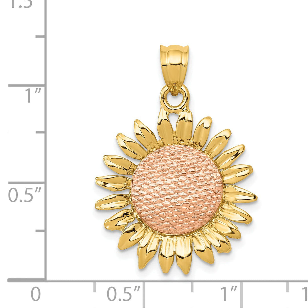 14k Two-tone Gold Casted Open Back Solid Textured Polished Finish Sunflower Charm Pendant