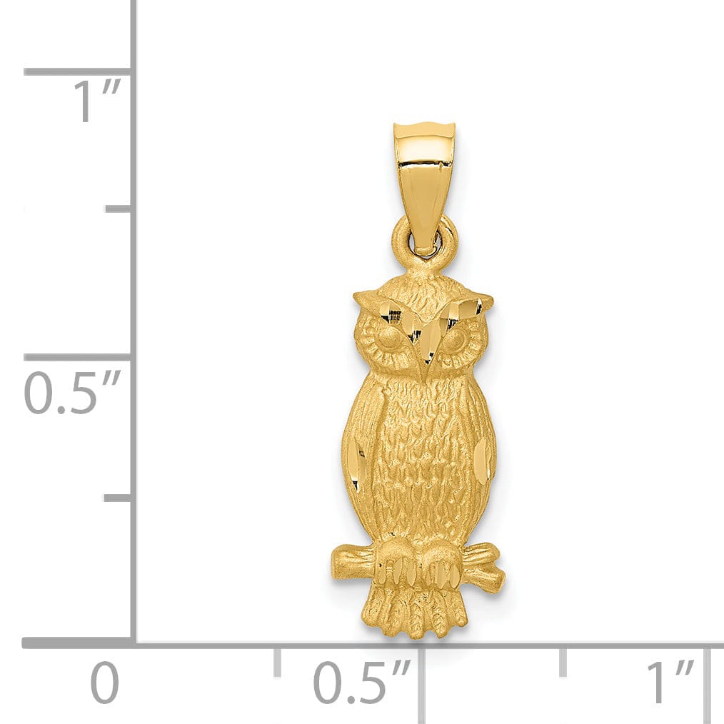 14k Yellow Gold Solid Satin Diamond Cut Open Back Owl Charm Pendant