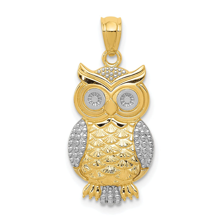 14K Yellow Gold White Rhodium Open Back Solid Polished Textured Finish Owl Charm Pendant