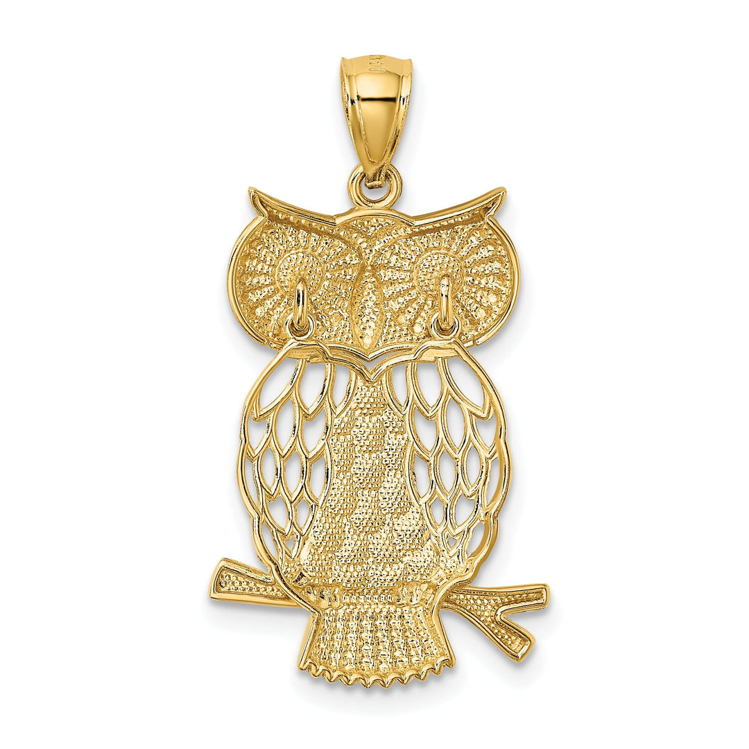 14k Yellow Gold White Rhodium Open Back Diamond Cut Polished Finish Moveable Owl Charm Pendant