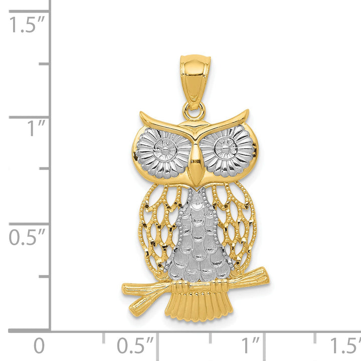 14k Yellow Gold White Rhodium Open Back Diamond Cut Polished Finish Moveable Owl Charm Pendant