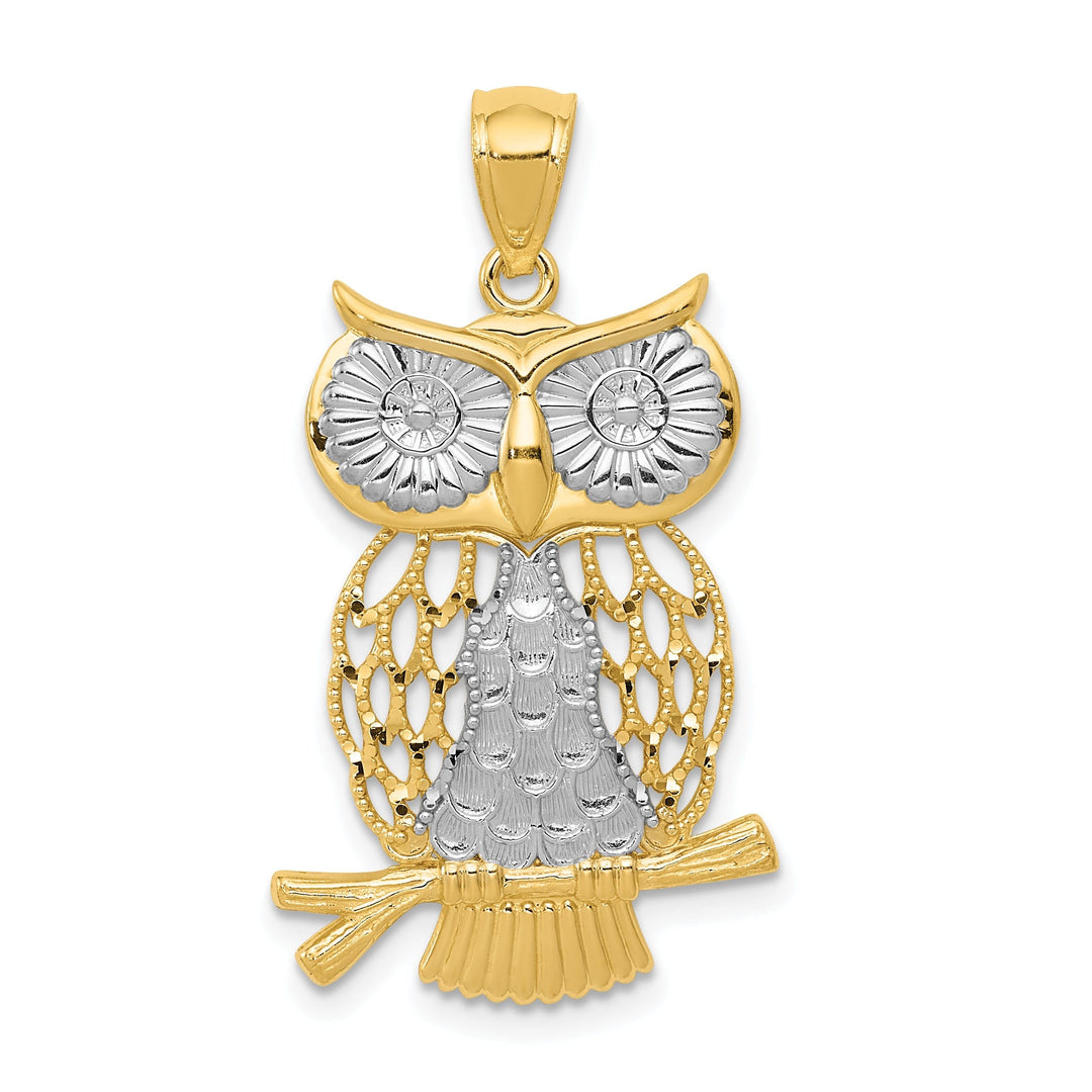 14k Yellow Gold White Rhodium Open Back Diamond Cut Polished Finish Moveable Owl Charm Pendant
