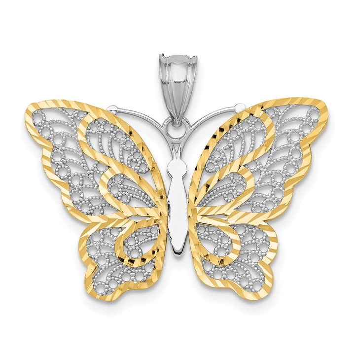 14k White Gold with Yellow Rhodium Open Back Cast Diamond-cut Solid Polished Finish Filigree Butterfly Charm Pendant by Lovely Rita's Collection