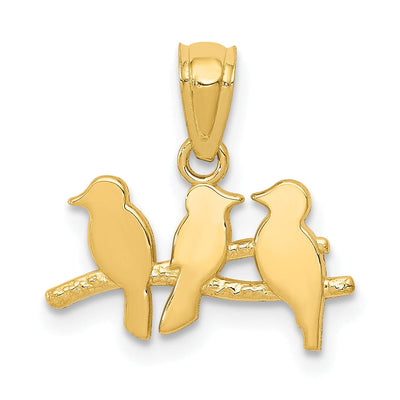 14k Yellow Gold Solid Textured Polished Open Back Three Birds on a Branch Charm Pendant