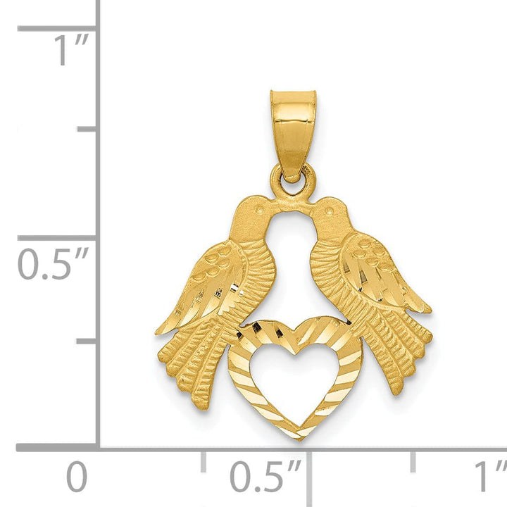 14k Yellow Gold Solid Textured Polished Diamond Cut Finish Reversible Two Love Birds with Heart Charm Pendant