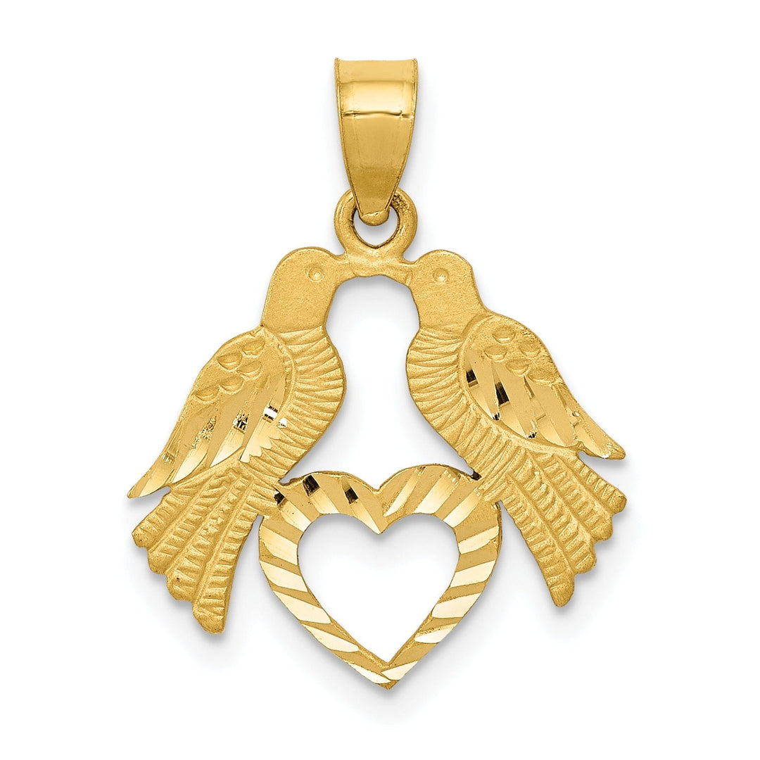 14k Yellow Gold Solid Textured Polished Diamond Cut Finish Reversible Two Love Birds with Heart Charm Pendant