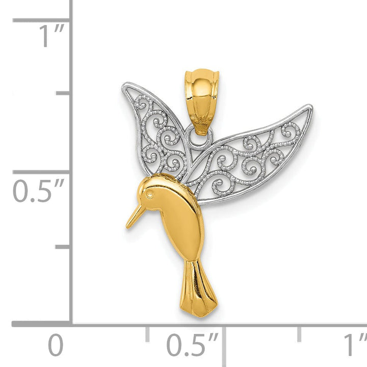 14k Yellow Gold White Rhodium Solid Open Back Polished Polished Finish Flying Hummingbird with Filigree Design Wings Charm Pendant