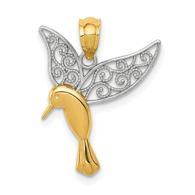 14k Yellow Gold White Rhodium Solid Open Back Polished Polished Finish Flying Hummingbird with Filigree Design Wings Charm Pendant at $ 66.73 only from Jewelryshopping.com
