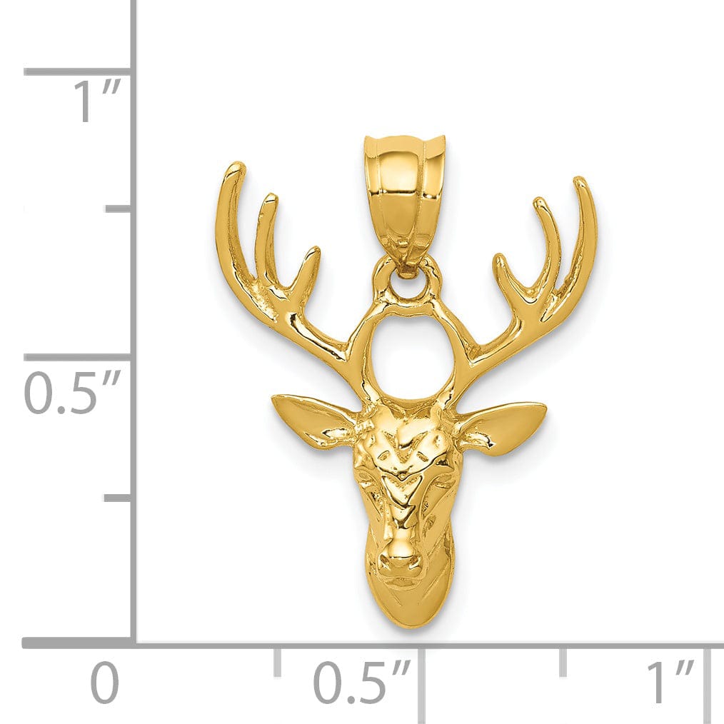 14k Yellow Gold Solid Open Back Polished Finish Deer Head With Antlers Design Charm Pendant