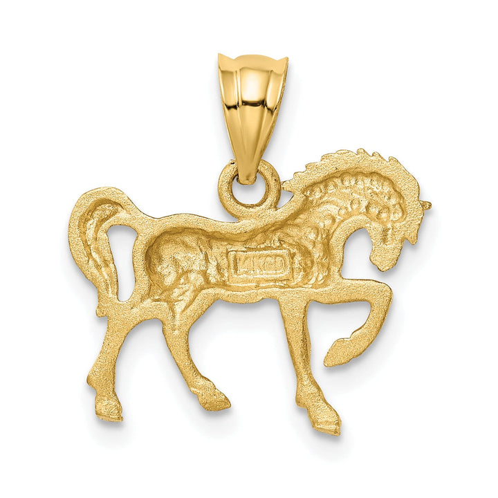 14k Yellow Gold Solid Textured Back Diamond Cut and Brushed Finish Horse Design Charm Pendant