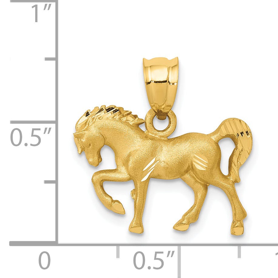 14k Yellow Gold Solid Textured Back Diamond Cut and Brushed Finish Horse Design Charm Pendant