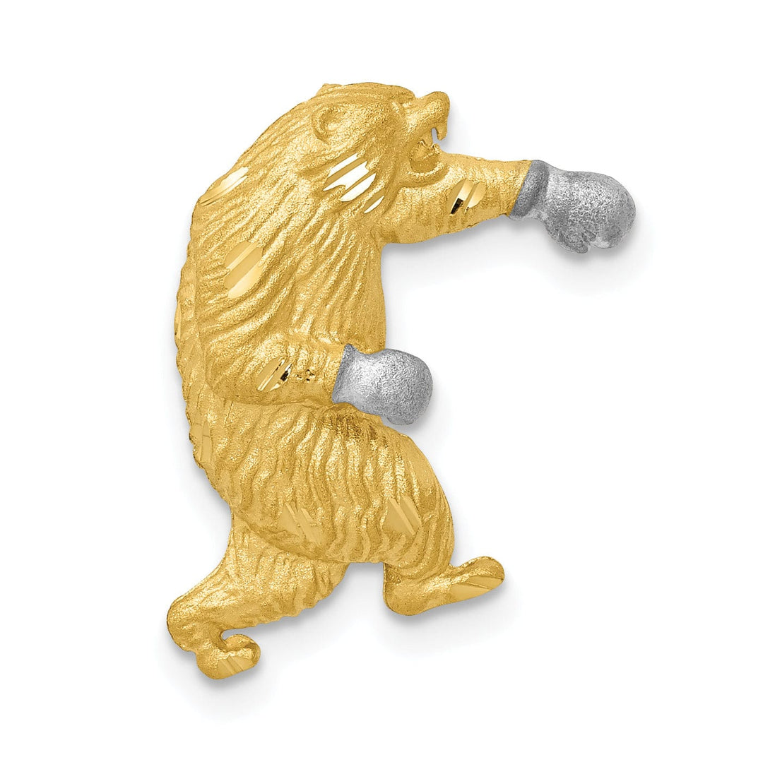 14k Yellow Gold White Rhodium Solid Satin Diamond Cut Finish Boxing Bear Design Chain Slide Pendant