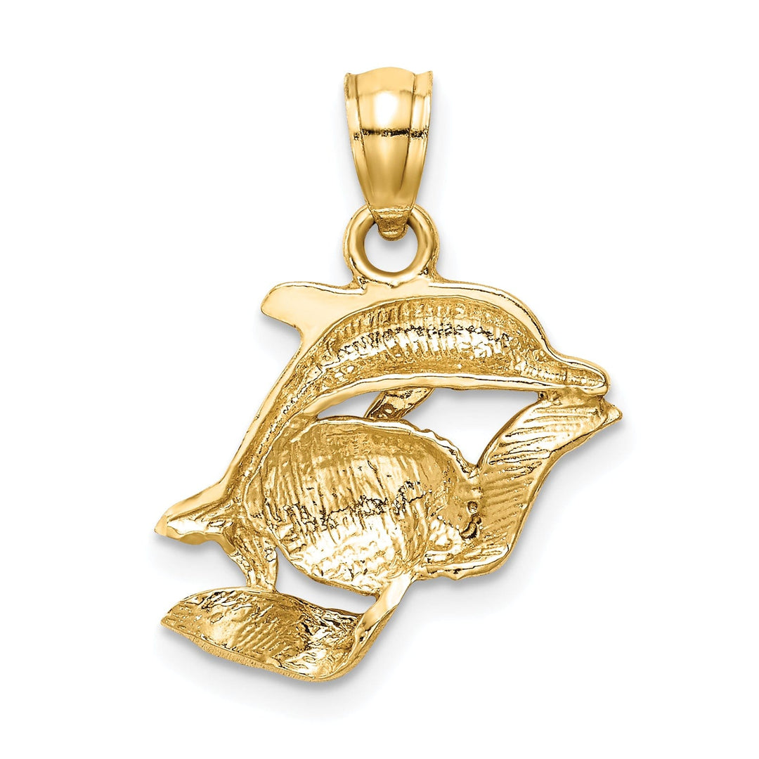 14k Yellow Gold Closed Back Polished Finish Two Dolphin Pair Swimming Back Wards Design Charm Pendant