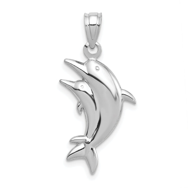 14k White Gold Closed Back Polished Finish Two Dolphin Pair Swimming Back Wards Design Charm Pendant