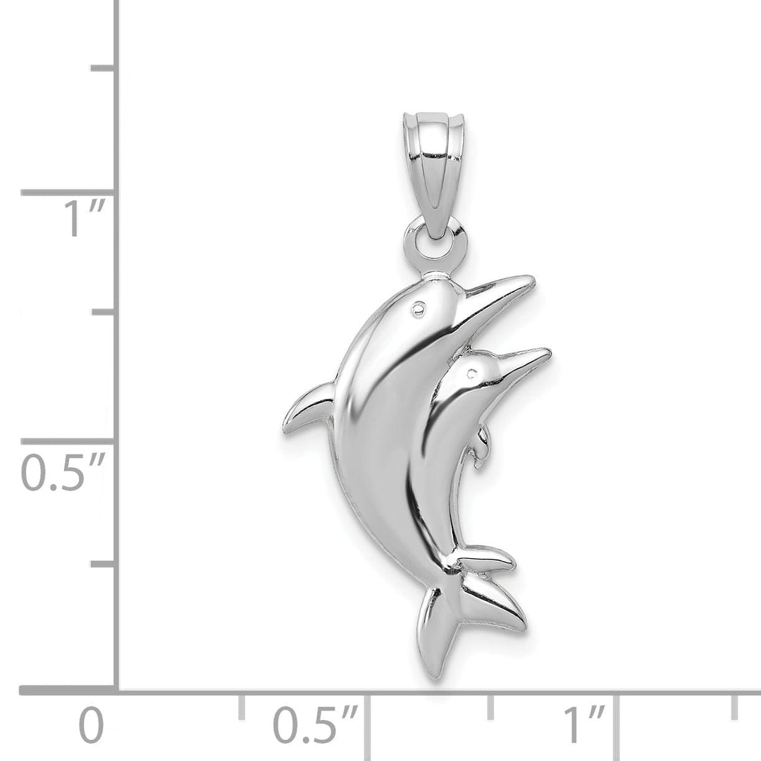 14k White Gold Closed Back Polished Finish Two Dolphin Pair Swimming Back Wards Design Charm Pendant