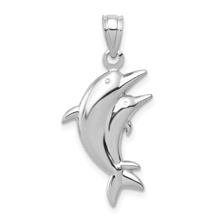 14k White Gold Closed Back Polished Finish Two Dolphin Pair Swimming Back Wards Design Charm Pendant