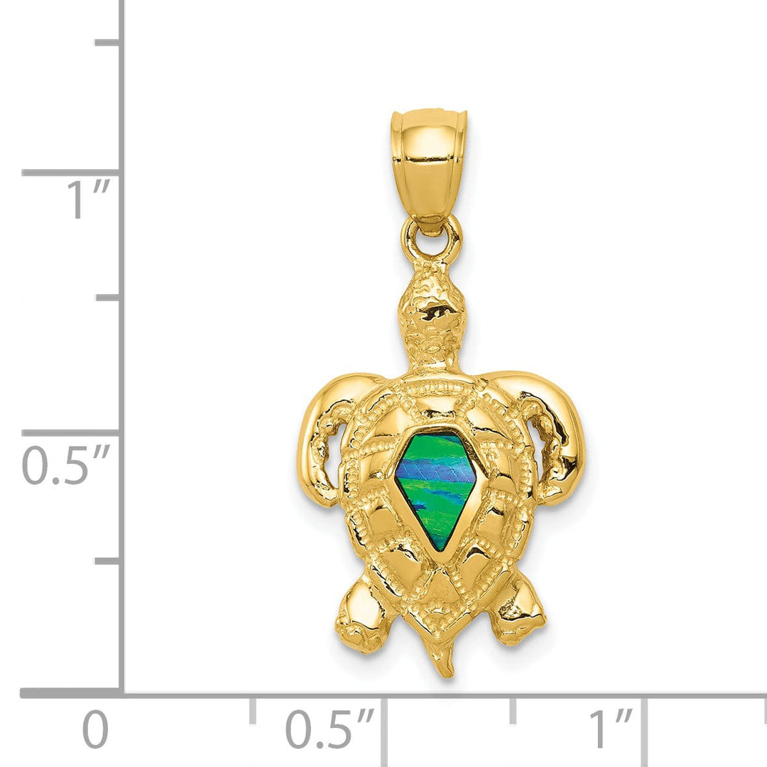 14k Yellow Gold Open Back Solid Textured Polished Finish Lab Created Blue Opal Turtle Charm Pendant