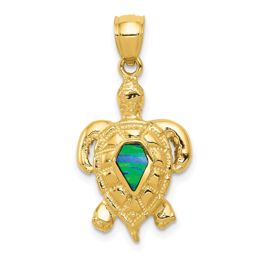14k Yellow Gold Open Back Solid Textured Polished Finish Lab Created Blue Opal Turtle Charm Pendant