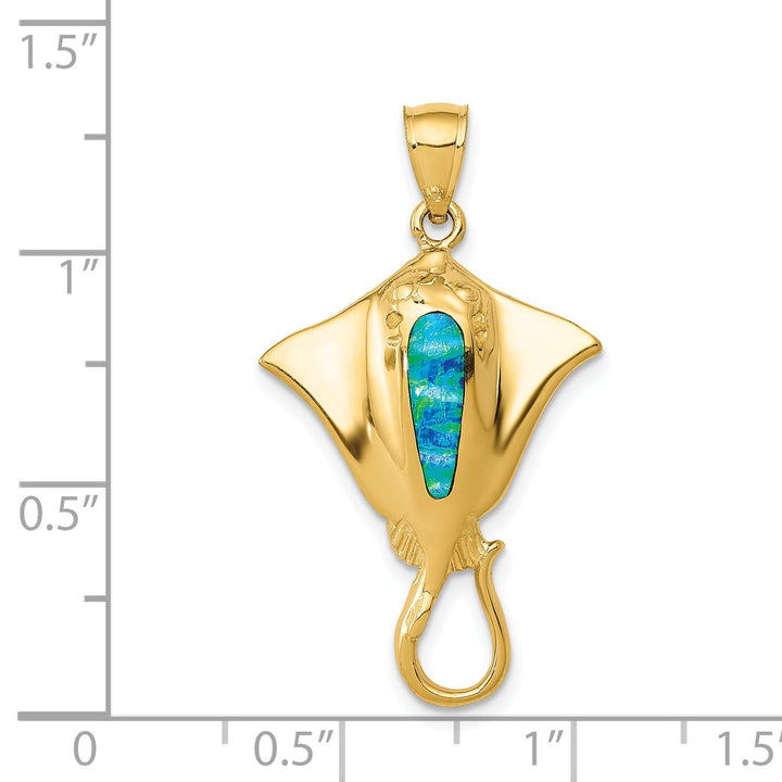 14k Yellow Gold Casted Solid Open Back Polished Finish Created Blue Opal Stingray Charm Pendant