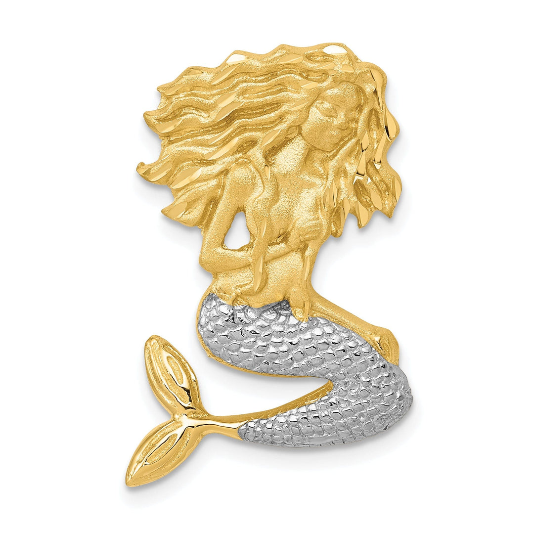 14k Yellow Gold, White Rhodium Satin Dimond Cut Finish Solid Mermaid Chain Slide Pendant Fits up to 4mm Fancy Omega