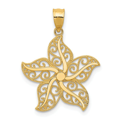 14k Yellow Gold Solid Textured Polished Finish With Filigree Design Starfish Charm Pendant