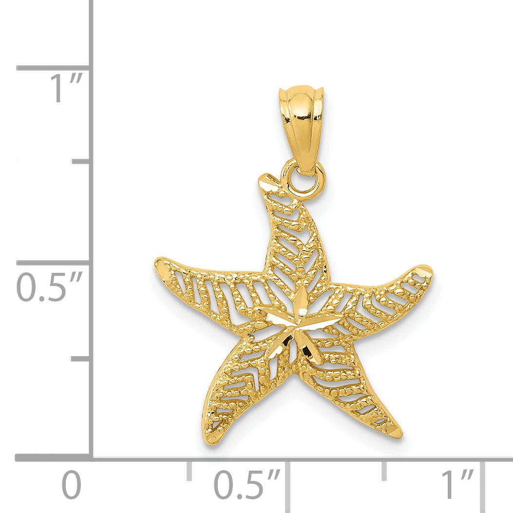 14k Yellow Gold Soild Diamond Cut Polished Finish Filigree Design Starfish Charm Pendant
